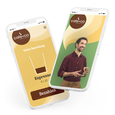 Zwei Smartphone mit Screens der café+co SmartPay App
