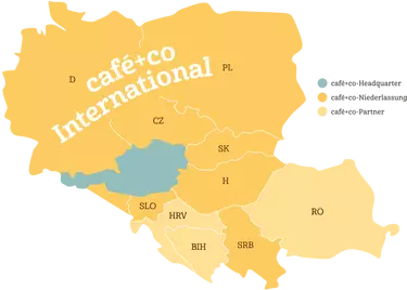 Europakarte mit café+co Headquarter, café+co Niederlassung und café+co Partner