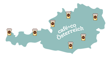 Illustrierte Landkarte von Österreich mit den café+co Standorten